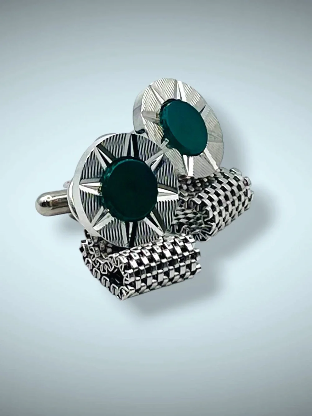 Vintage Mid Century Silver Tone Green Cabochon Mesh Wrap Cufflinks
